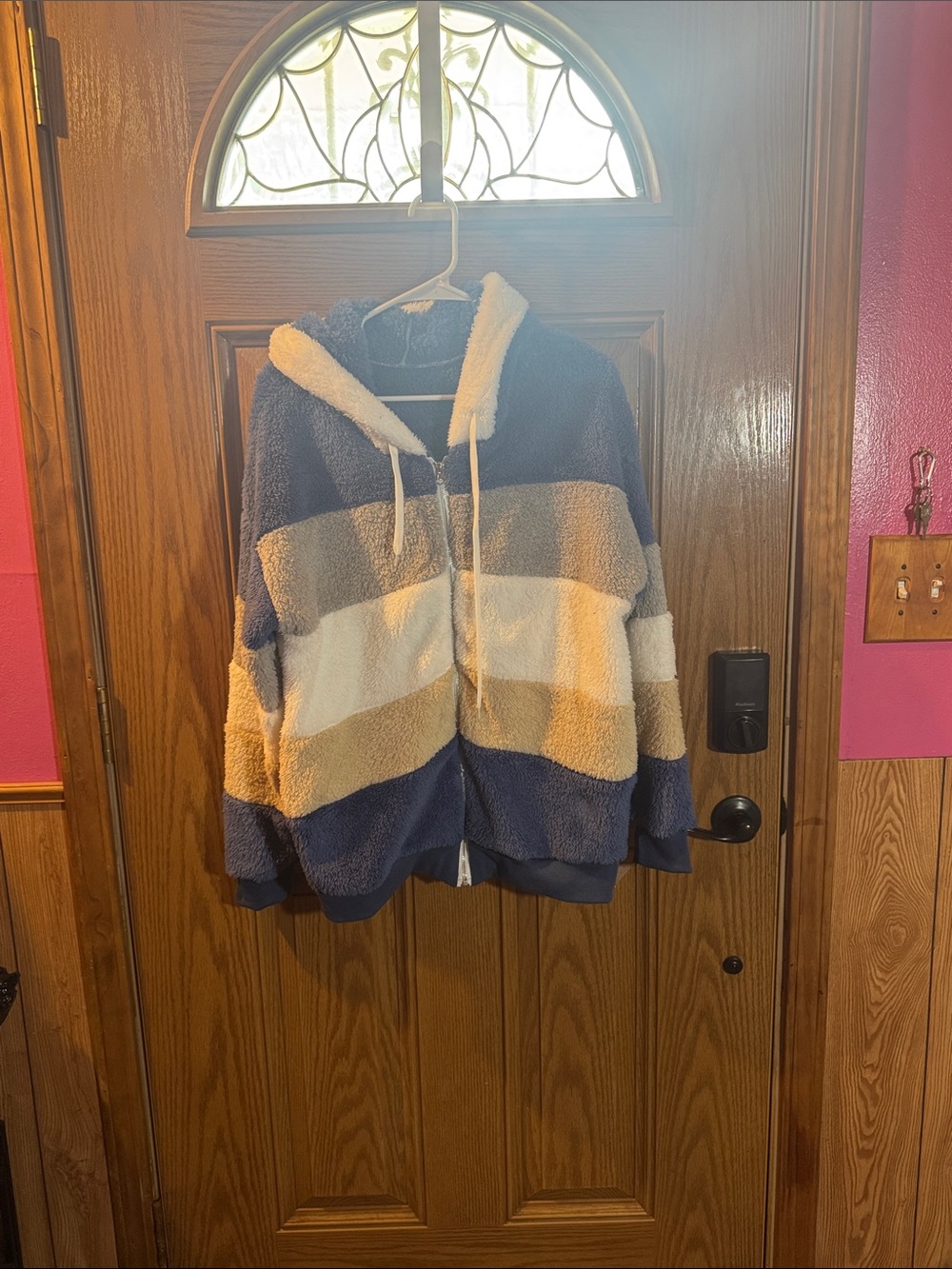 Cozy Colorblock Teddy Zip Hoodie - Blue, Cream & Tan